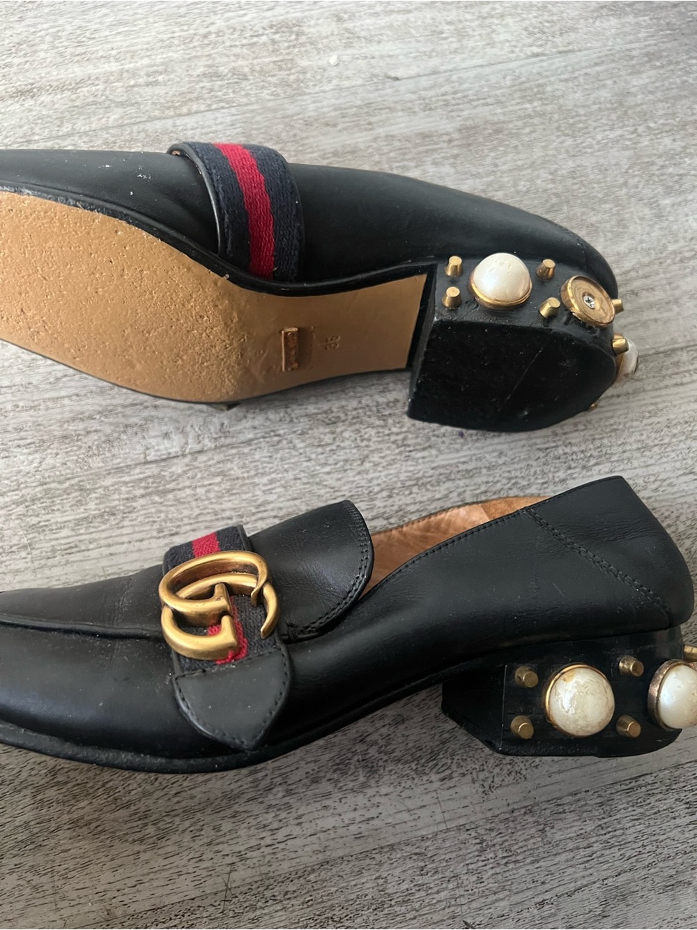 Gucci Black Leather Loafers with Red Stripe and Gold GG Hardware - Picture 7 of 10